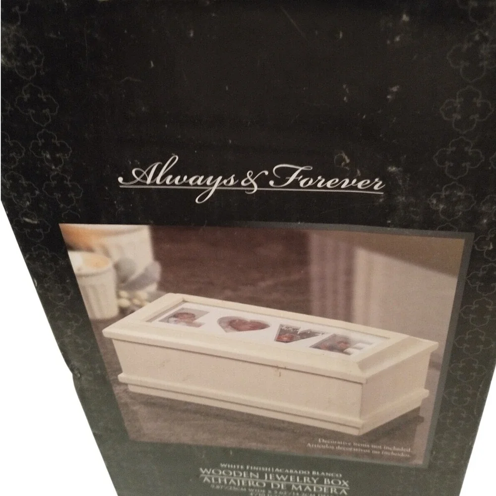 Always & Forever White Wooden Jewelry Box Photo Frame Lid Love Hope Stencil VTG